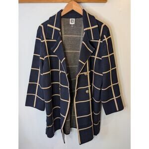 Anne Klein Black Tan Windowpane Plaid Knit Blazer Gold Lion Buttons XL